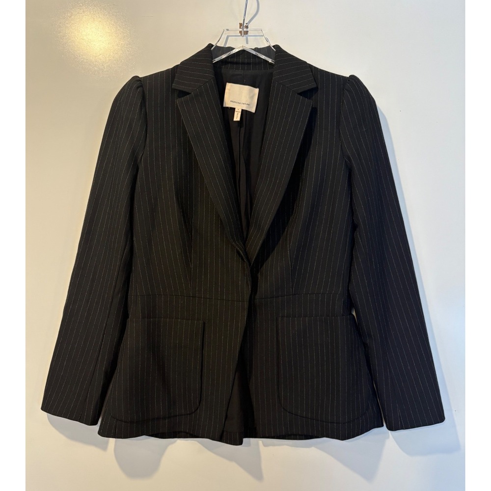 Rebecca Taylor Pinstripe Puff Shoulder Blazer Jacket Charcoal Gray Womens Size 6 - Picture 2 of 6